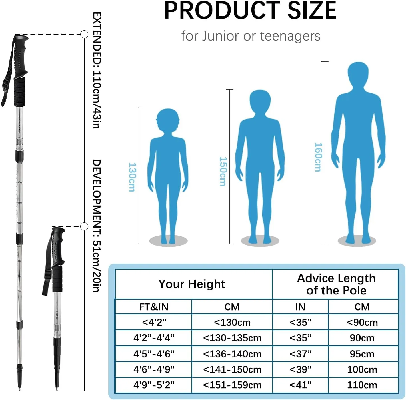 2 Pack Hiking Poles for Junior, Nordic Walking Trekking Pole Hiking Sticks Lightweight Collapsible & Shock-Absorbent Aluminum with Quick Adjustable Locks for Youth & Women