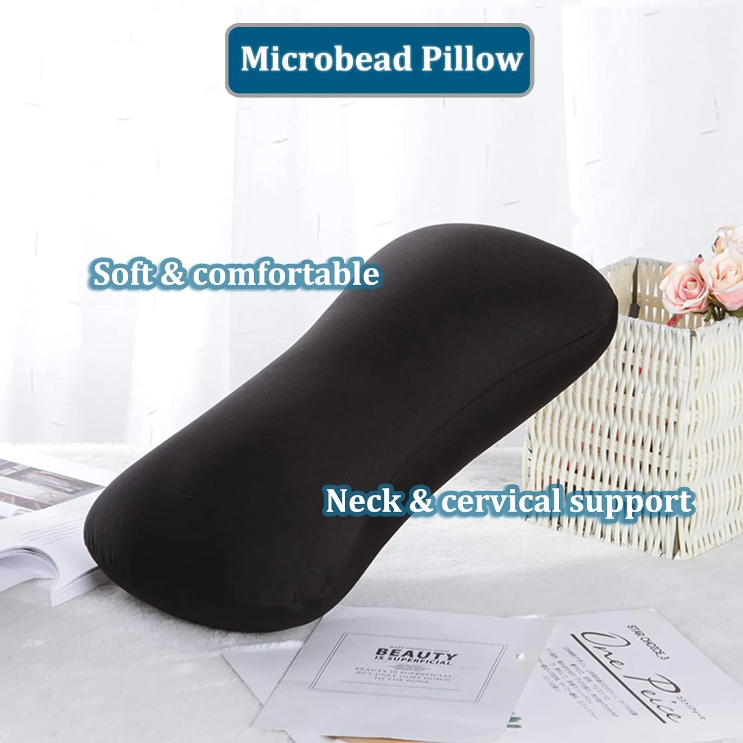2 Pack Squishy Microbead Neck Pillow, Neck & Cervical Support Bolster Cushion Body Pillow Bone Headrest Bean Bag Pillows for Home Sofa Bed Recliner Sleeping Travel Car (Black   Blue)