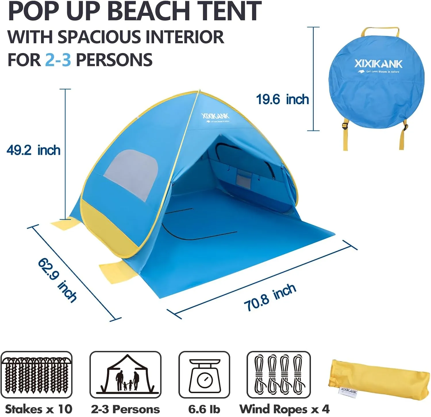 2 Seconds Easy Setup Pop Up Beach Tent for 2-3 Persons,UPF 50  Thicker Oxford Fabric,Steel Wire Frame,Superb Windproof Sun Shelter,Lightweight Beach Cabana with Handy Carry Bag