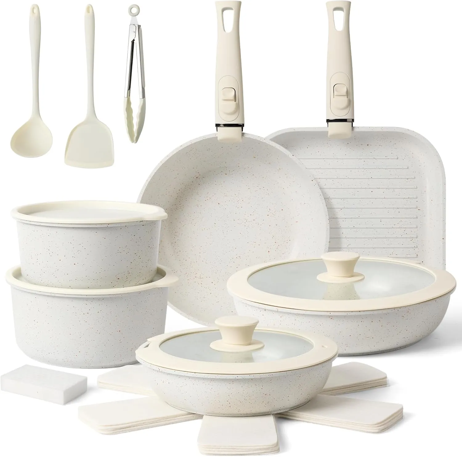 20 Pcs Ceramic Cookware Set Non Stick Frying Pots and Pans Set Non Toixc Cookware-PFAS/PFOA/PTFE Free, with Removable Handle for RV Kitchen, Induction & Dishwasher Safe Cream White