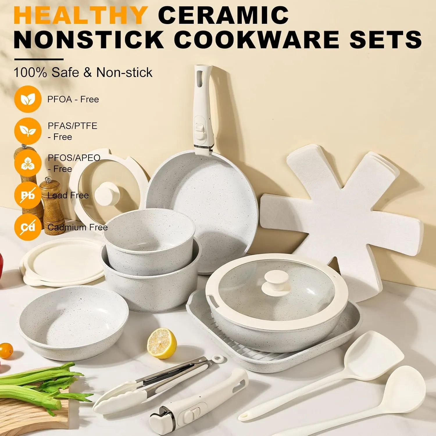 20 Pcs Ceramic Cookware Set Non Stick Frying Pots and Pans Set Non Toixc Cookware-PFAS/PFOA/PTFE Free, with Removable Handle for RV Kitchen, Induction & Dishwasher Safe Cream White