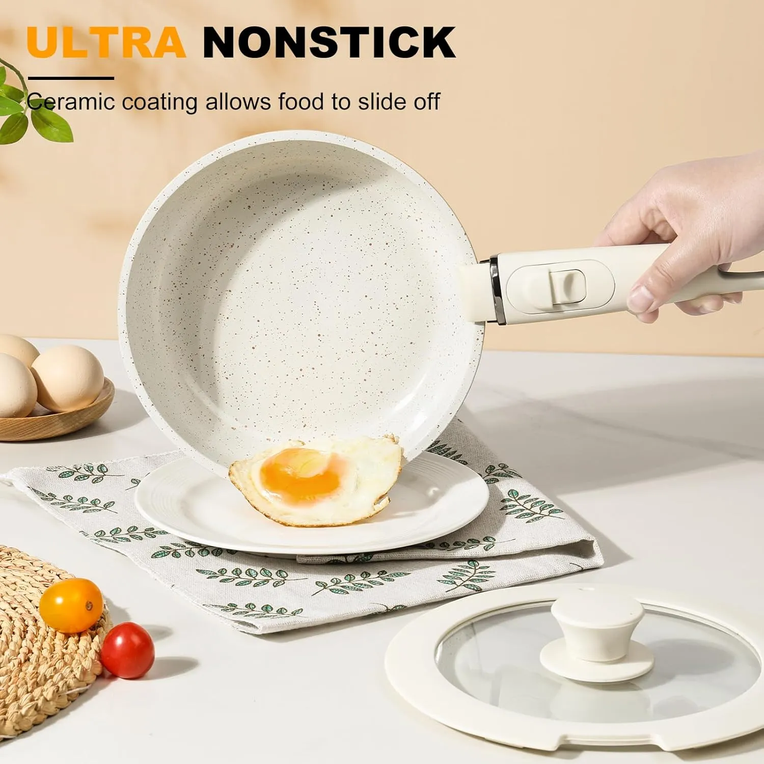 20 Pcs Ceramic Cookware Set Non Stick Frying Pots and Pans Set Non Toixc Cookware-PFAS/PFOA/PTFE Free, with Removable Handle for RV Kitchen, Induction & Dishwasher Safe Cream White
