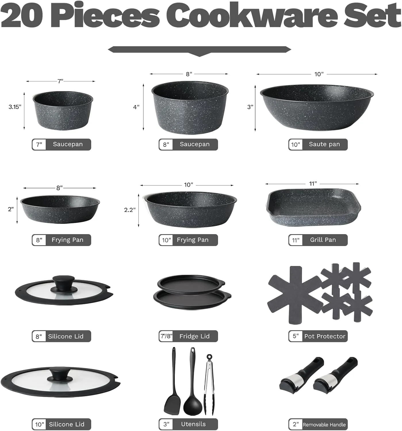 20 Pcs Pots and Pans Set Non Stick, Stackable Cookware Sets with Detachable Handle, Granite Induction RV Kitchen Portable Cooking Set Removable Handles, Dishwasher ＆ Oven Safe, Black