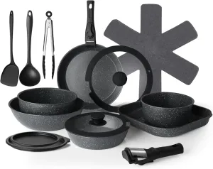 20 Pcs Pots and Pans Set Non Stick, Stackable Cookware Sets with Detachable Handle, Granite Induction RV Kitchen Portable Cooking Set Removable Handles, Dishwasher ＆ Oven Safe, Black