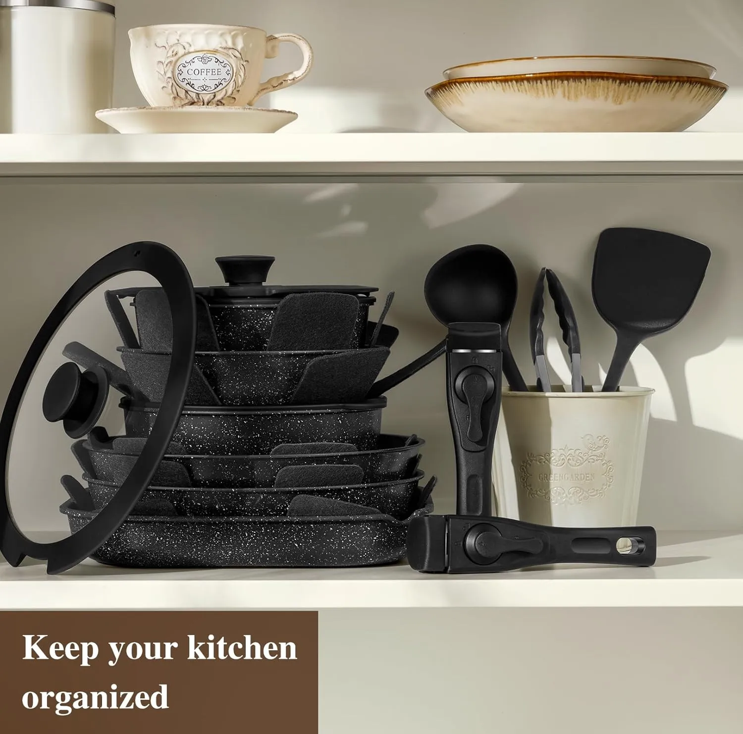 20 Pcs Pots and Pans Set Non Stick, Stackable Cookware Sets with Detachable Handle, Granite Induction RV Kitchen Portable Cooking Set Removable Handles, Dishwasher ＆ Oven Safe, Black
