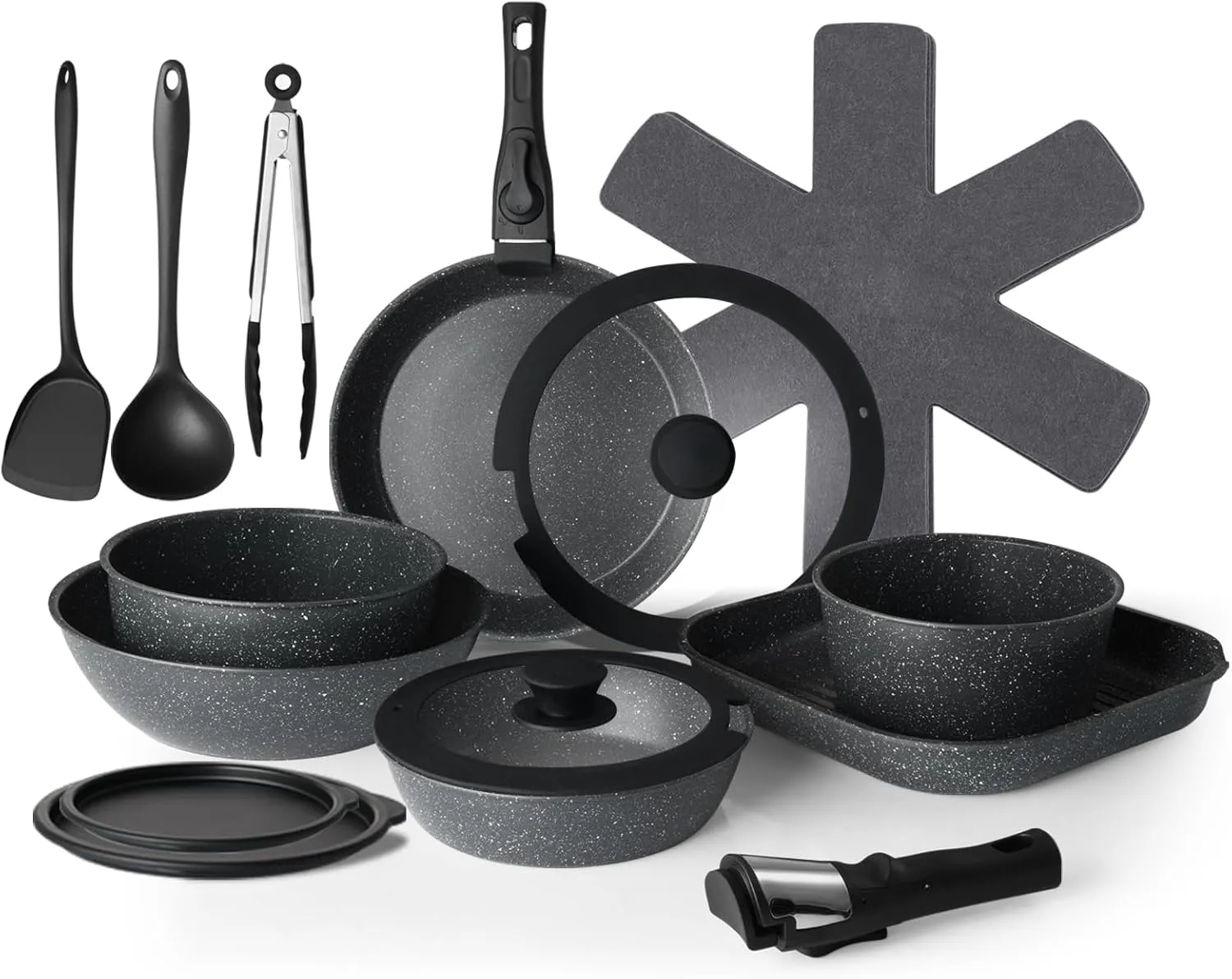 20 Pcs Pots and Pans Set Non Stick, Stackable Cookware Sets with Detachable Handle, Granite Induction RV Kitchen Portable Cooking Set Removable Handles, Dishwasher ＆ Oven Safe, Black
