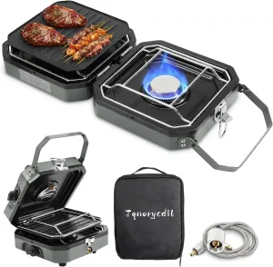 2025 Upgraded 2-Burner Folding Propane Camp Stove - 16K BTU Portable Camping Stove w/Piezo Ignition, Griddle & Carry Bag for Tailgating, Barbecue (Grey)