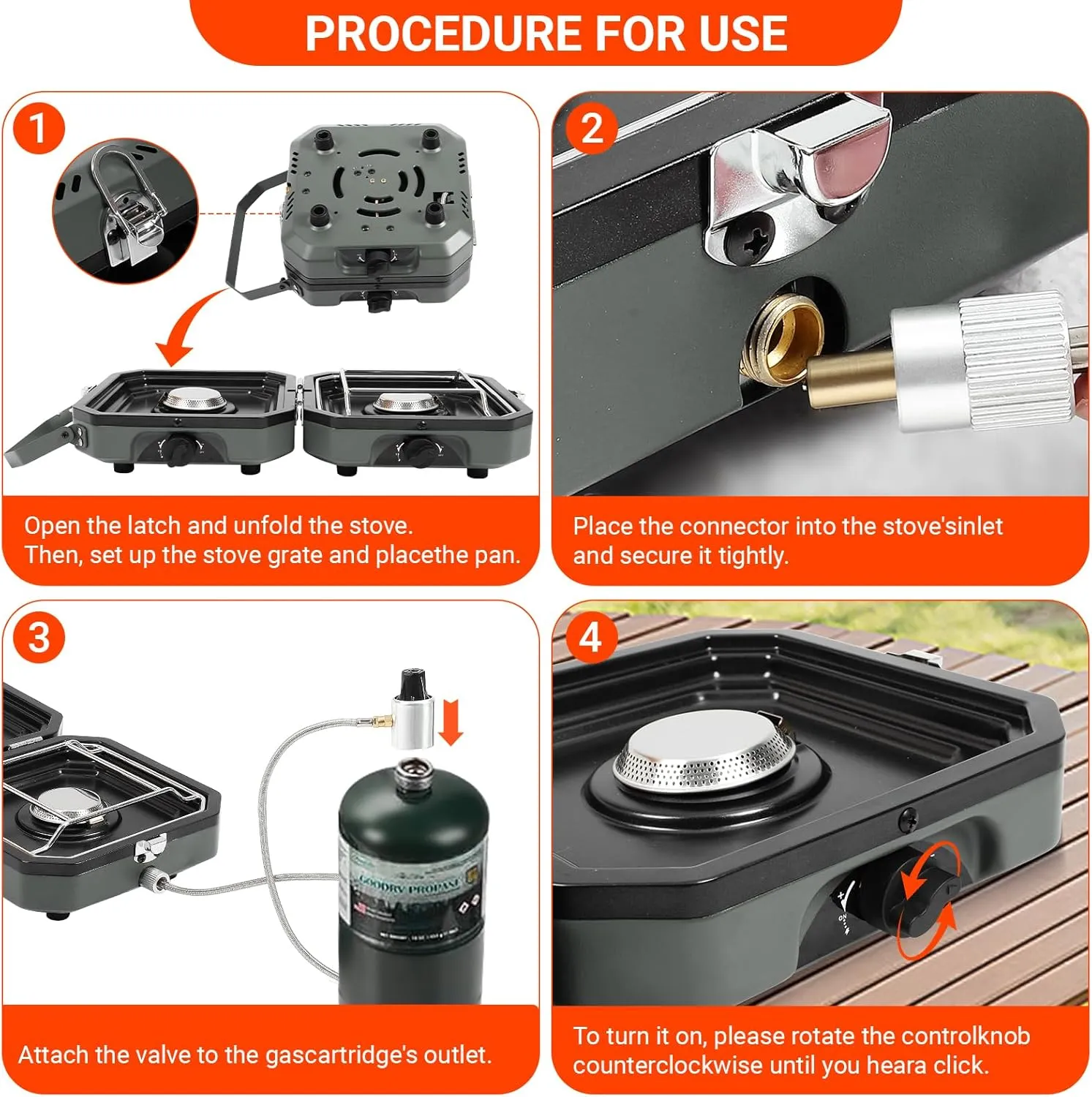 2025 Upgraded 2-Burner Folding Propane Camp Stove - 16K BTU Portable Camping Stove w/Piezo Ignition, Griddle & Carry Bag for Tailgating, Barbecue (Grey)