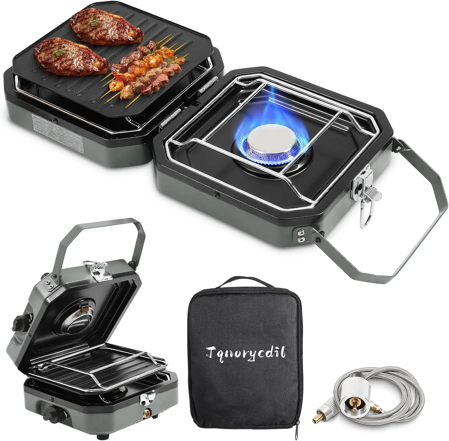 2025 Upgraded 2-Burner Folding Propane Camp Stove - 16K BTU Portable Camping Stove w/Piezo Ignition, Griddle & Carry Bag for Tailgating, Barbecue (Grey)