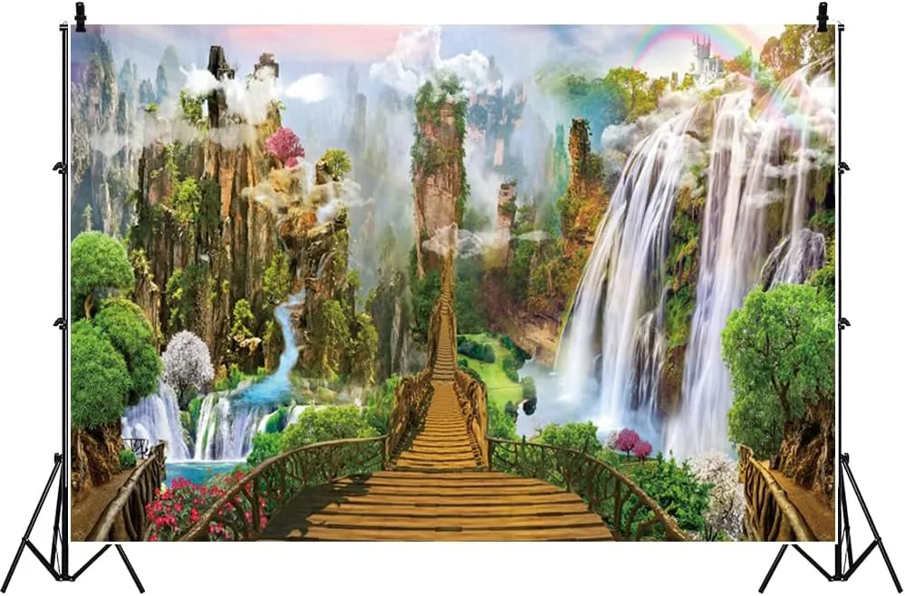 20x10ft Spring Landscape Painting Backdrop Dreamy Wonderland Mountains Towering Waterfall Long Wooden Bridge Drifting Clouds Photography Background Girls Women Portrait Wedding Background