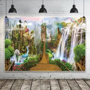 20x10ft Spring Landscape Painting Backdrop Dreamy Wonderland Mountains Towering Waterfall Long Wooden Bridge Drifting Clouds Photography Background Girls Women Portrait Wedding Background
