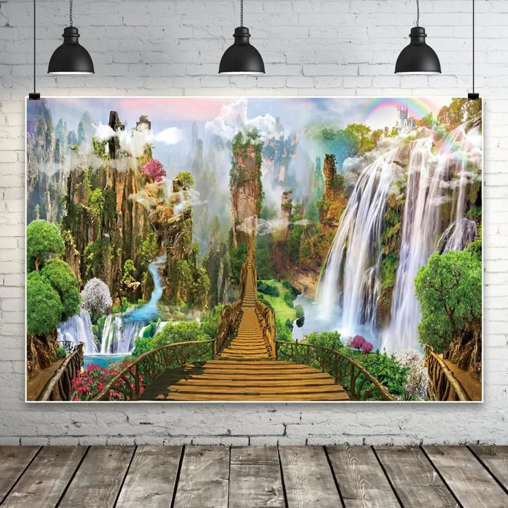 20x10ft Spring Landscape Painting Backdrop Dreamy Wonderland Mountains Towering Waterfall Long Wooden Bridge Drifting Clouds Photography Background Girls Women Portrait Wedding Background