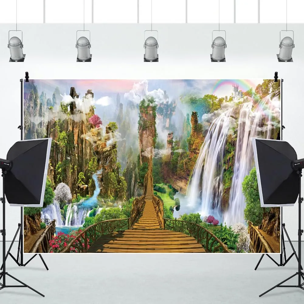 20x10ft Spring Landscape Painting Backdrop Dreamy Wonderland Mountains Towering Waterfall Long Wooden Bridge Drifting Clouds Photography Background Girls Women Portrait Wedding Background