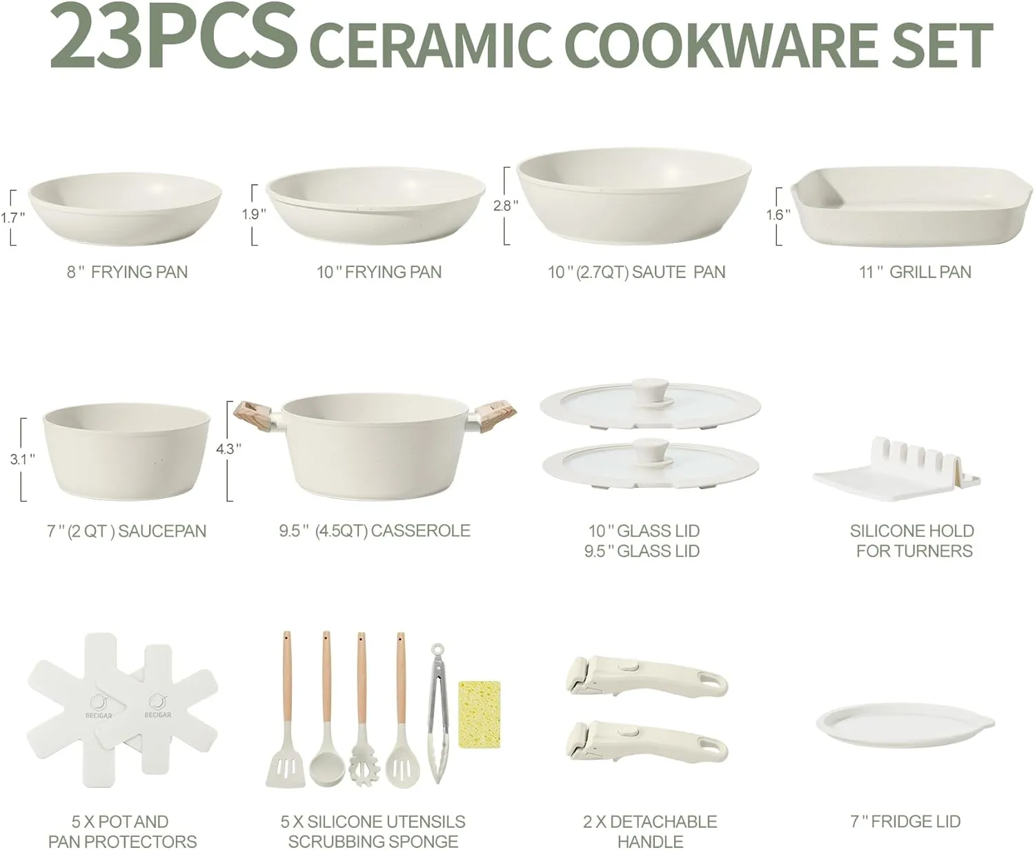23pcs Ceramic Pots and Pans Set, Nonstick Detachable Handle Cookware, Induction Kitchen Cooking Set with Removable Handle,include Frying Pans & Saucepans Oven Safe, Induction, Stackable Set