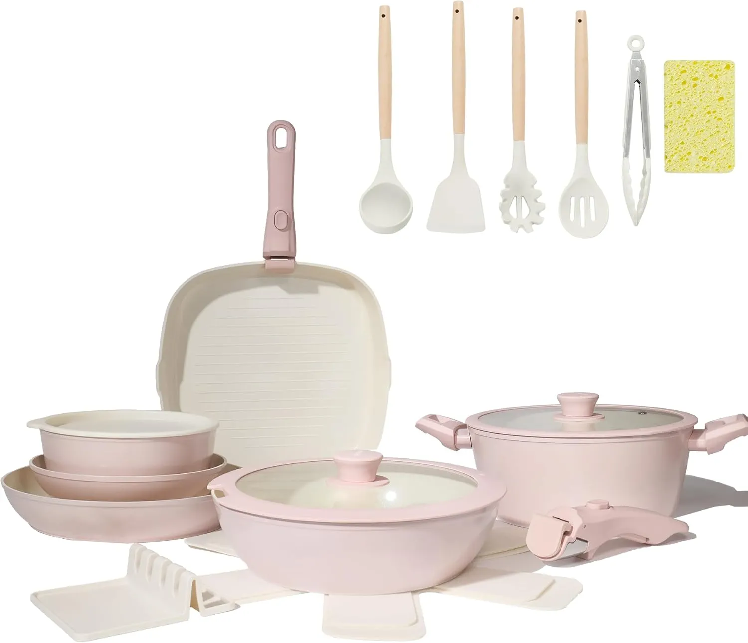 23pcs Ceramic Pots and Pans Set, Nonstick Detachable Handle Cookware, Induction Kitchen Cooking Set with Removable Handle,include Frying Pans & Saucepans Oven Safe(Pink)