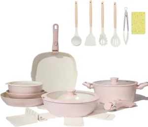 23pcs Ceramic Pots and Pans Set, Nonstick Detachable Handle Cookware, Induction Kitchen Cooking Set with Removable Handle,include Frying Pans & Saucepans Oven Safe(Pink)