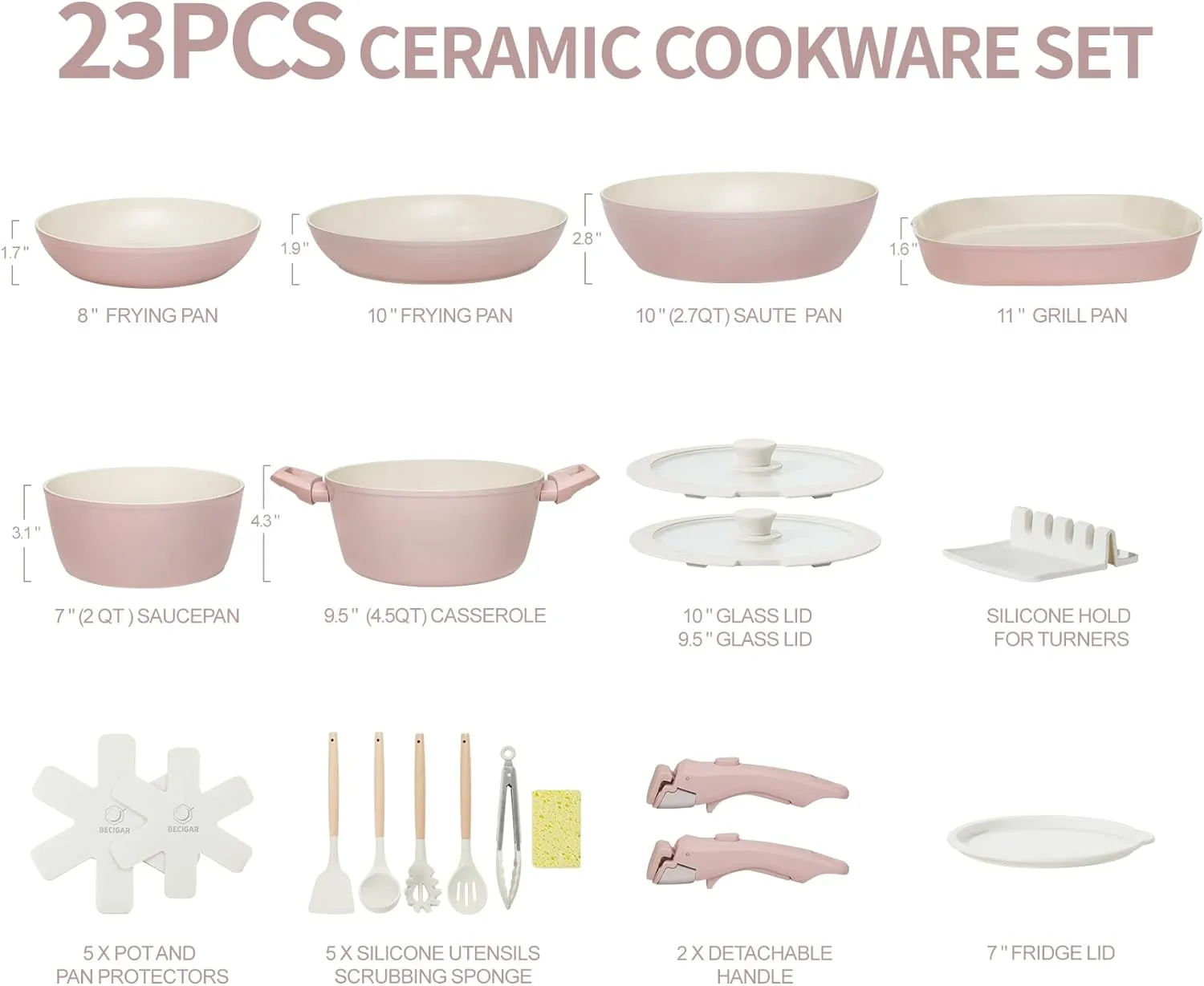 23pcs Ceramic Pots and Pans Set, Nonstick Detachable Handle Cookware, Induction Kitchen Cooking Set with Removable Handle,include Frying Pans & Saucepans Oven Safe(Pink)