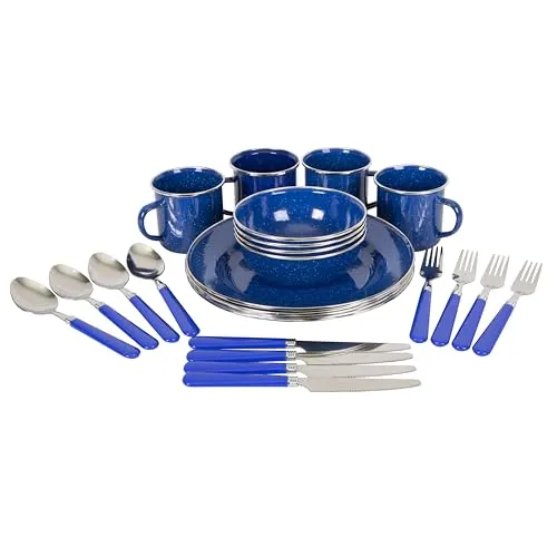 24pcs Enamel Camping Steel Tableware Set with Blue Enamel Finish