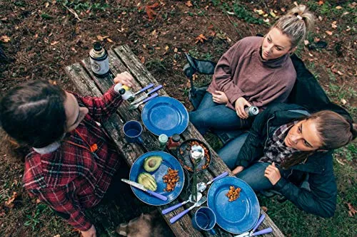 24pcs Enamel Camping Steel Tableware Set with Blue Enamel Finish
