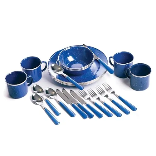 24pcs Enamel Camping Steel Tableware Set with Blue Enamel Finish