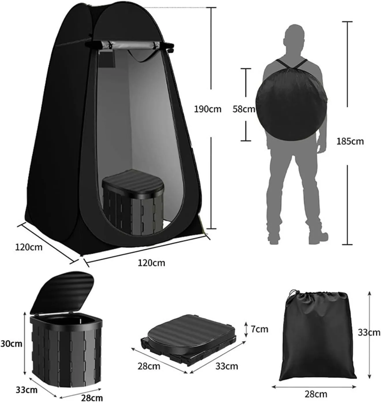 2in1 Foldable Travel Toilet with Weatherproof Tent, Compact Mobile Bathroom Solution for Camping and Road Travel(Black,B)