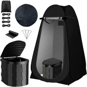 2in1 Foldable Travel Toilet with Weatherproof Tent, Compact Mobile Bathroom Solution for Camping and Road Travel(Black,B)