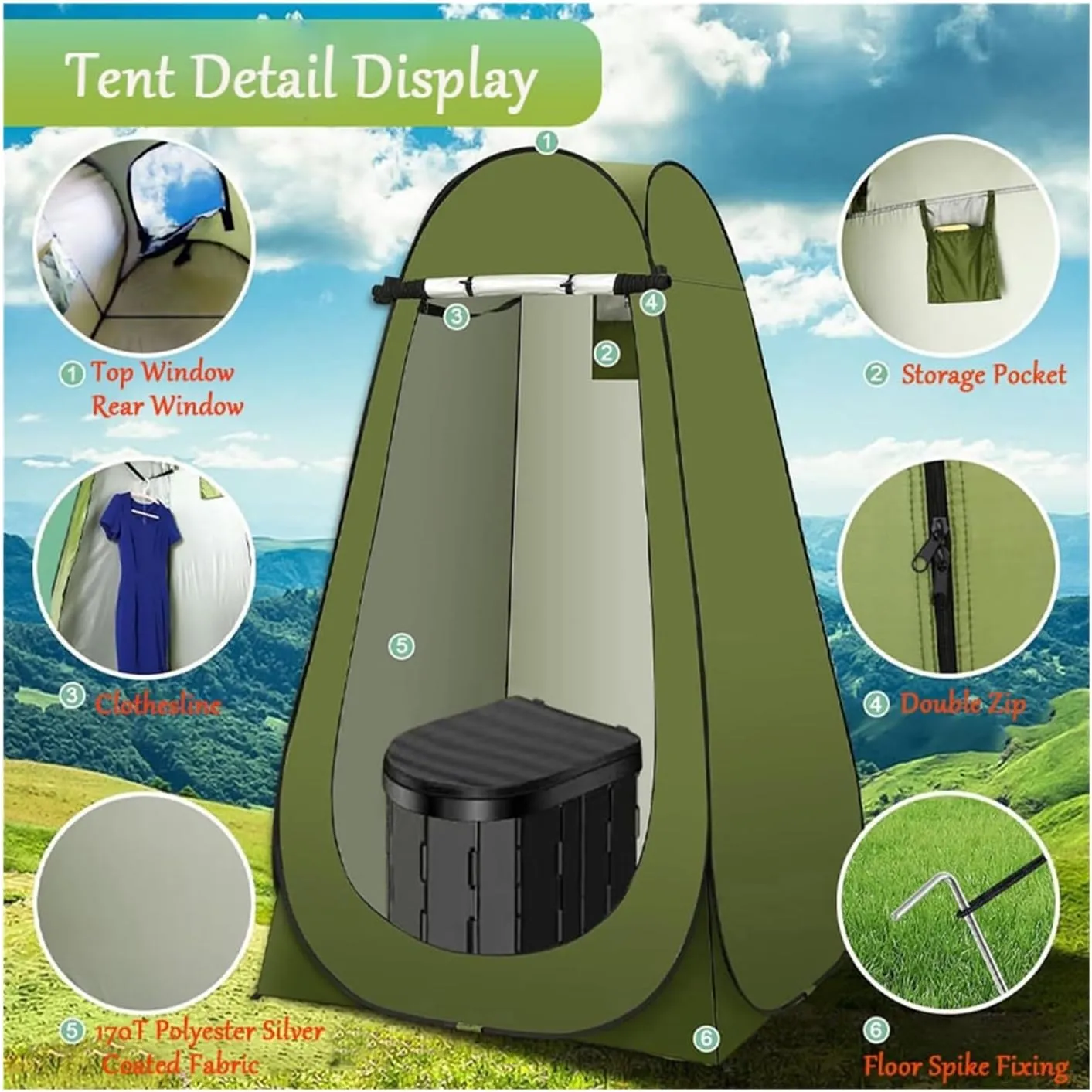 2in1 Foldable Travel Toilet with Weatherproof Tent, Compact Mobile Bathroom Solution for Camping and Road Travel(Black,B)