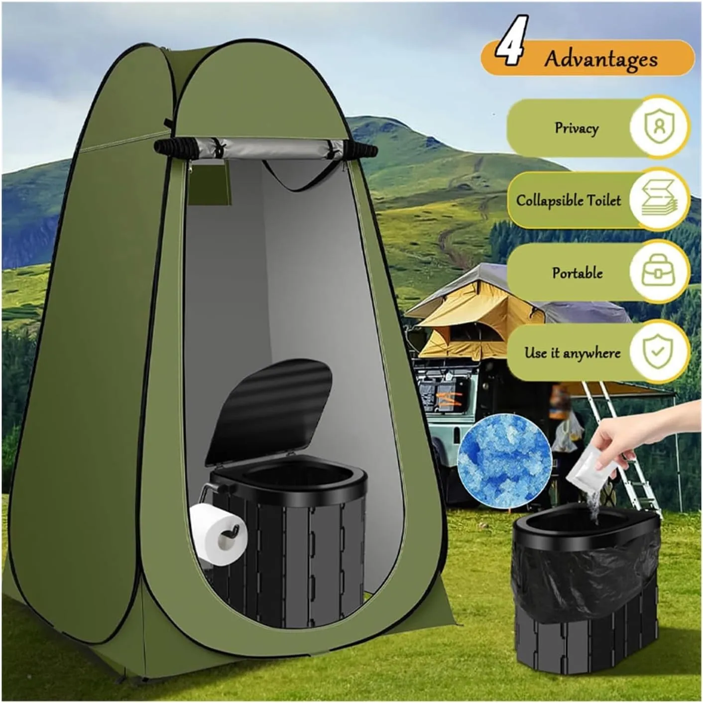 2in1 Foldable Travel Toilet with Weatherproof Tent, Compact Mobile Bathroom Solution for Camping and Road Travel(Black,B)