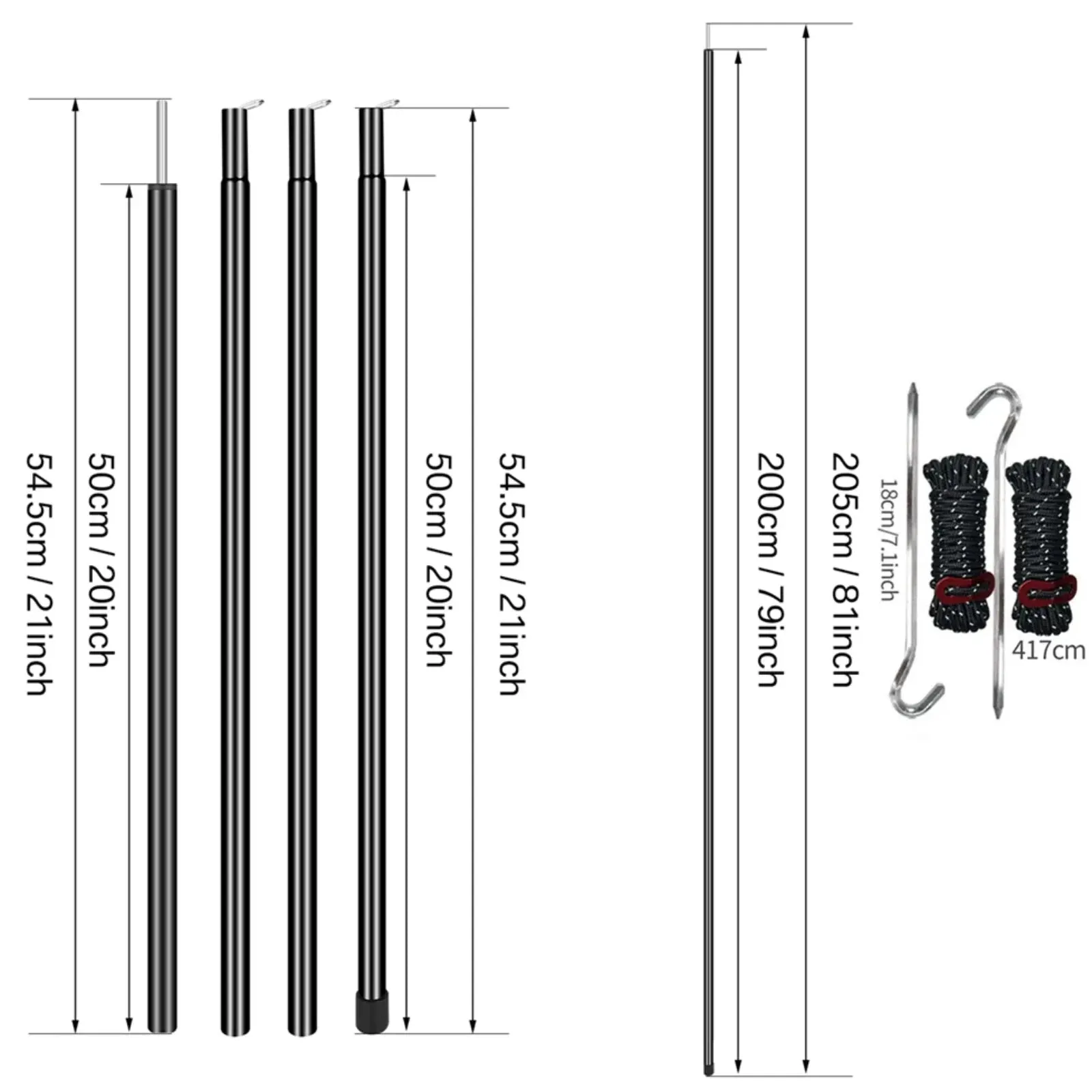 2m Telescopic Tent Poles Set of 2 Lightweight Adjustable Trekking Camping Collapsible Poles for Walking Canopy Hiking