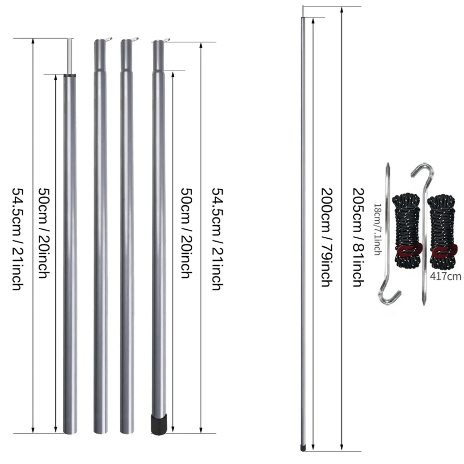 2m Telescopic Tent Poles Set of 2 Lightweight Adjustable Trekking Camping Collapsible Poles for Walking Canopy Hiking