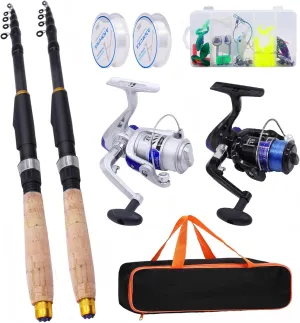2PCS Fishing Rod and Reel Combo, Telescopic Fishing Pole Spinning Reel Kit with Lures Set Storage Bag Portable Collapsible Fish Combo Set for Saltwater Freshwater Beginner Adults