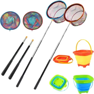 2pcs Kids Fishing Net, Fishing Net with Telescopic Handle, Landing Nets for Fishing, Collapsible Kids Bucket, Kids Sand Pail, Butterfly Nets for Freshwater Saltwater Outdoor Activities
