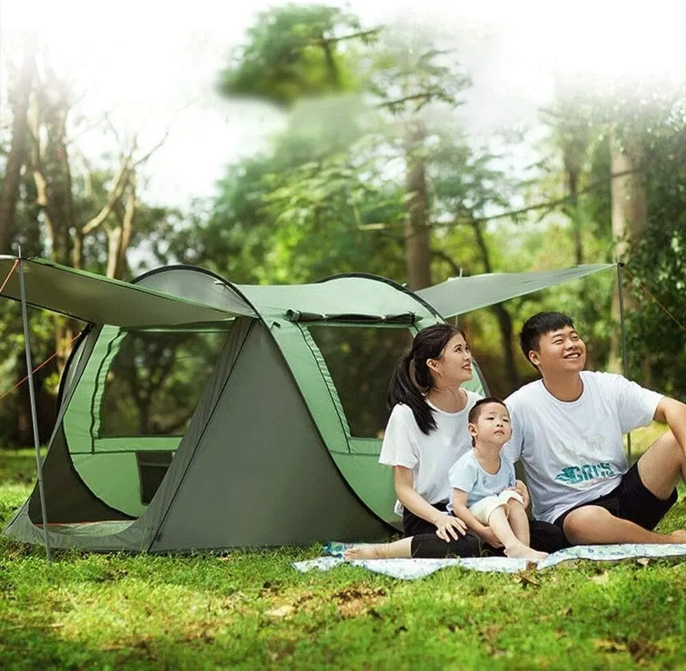 3-4 Person Pop Up Camping Tent, Waterproof Family Tent with 2 Big Doors, 2 Roof Vents, 4 Mesh Windows, Instant Setup for Outdoor Leisure, Camping, and Hiking (Brass, One Size)