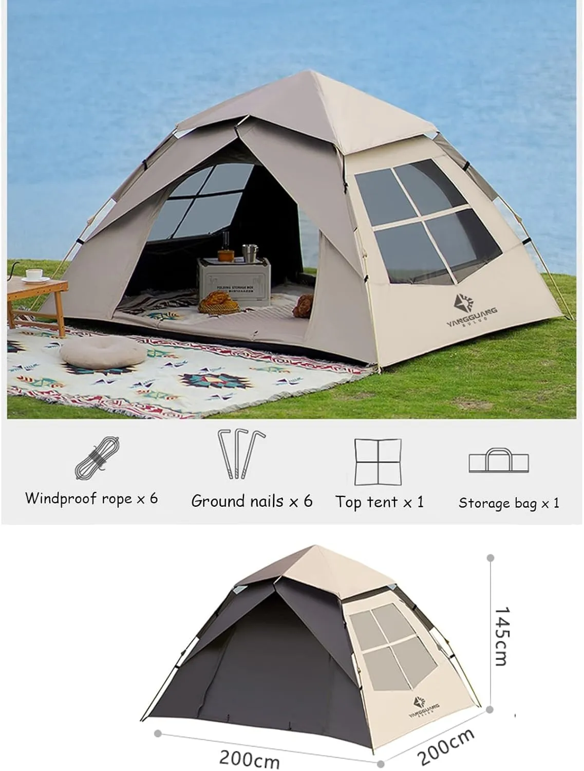 3-5 Person Ready-to-use Inflatable Camping Tent Waterproof Four Seasons Deluxe, Cabin Tent with Mesh Doors and Windows, Suitable for Family/Group Outdoor Activities(3-5Person)