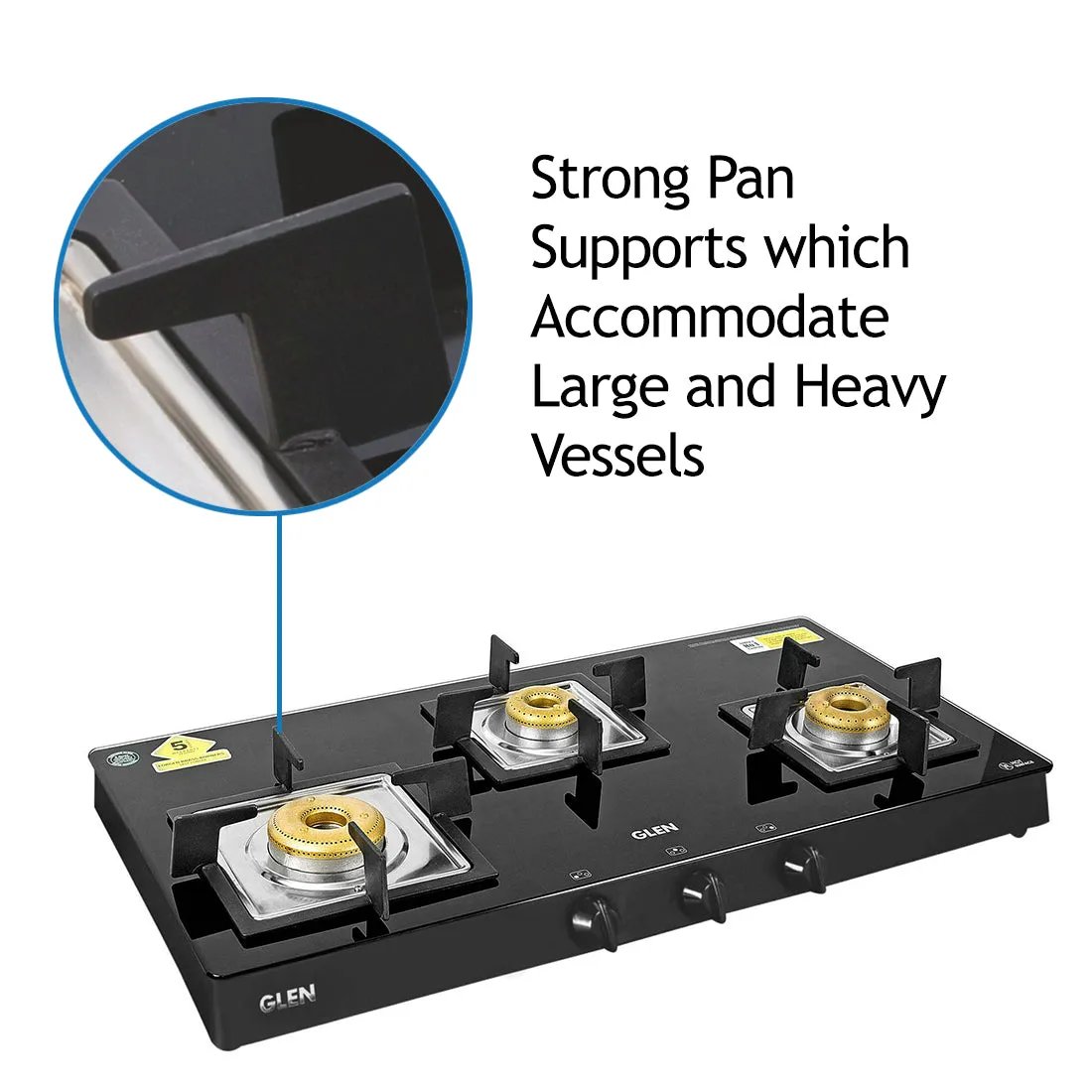 3 Burner Black Glass Gas Stove with High Flame Forged Brass Burner (1038 SQ BL FB) - Manual/Auto Ignition