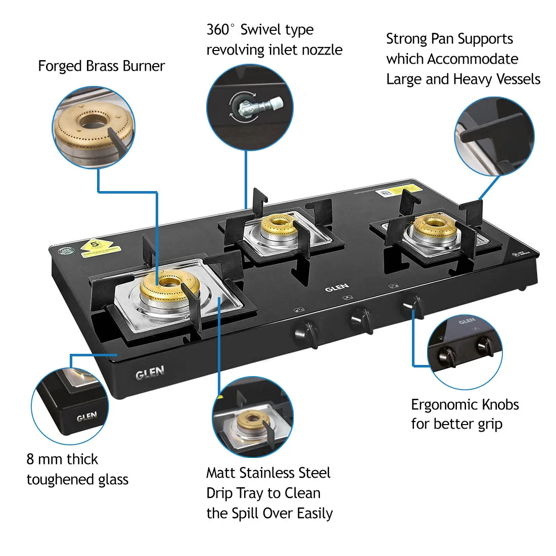 3 Burner Black Glass Gas Stove with High Flame Forged Brass Burner (1038 SQ BL FB) - Manual/Auto Ignition