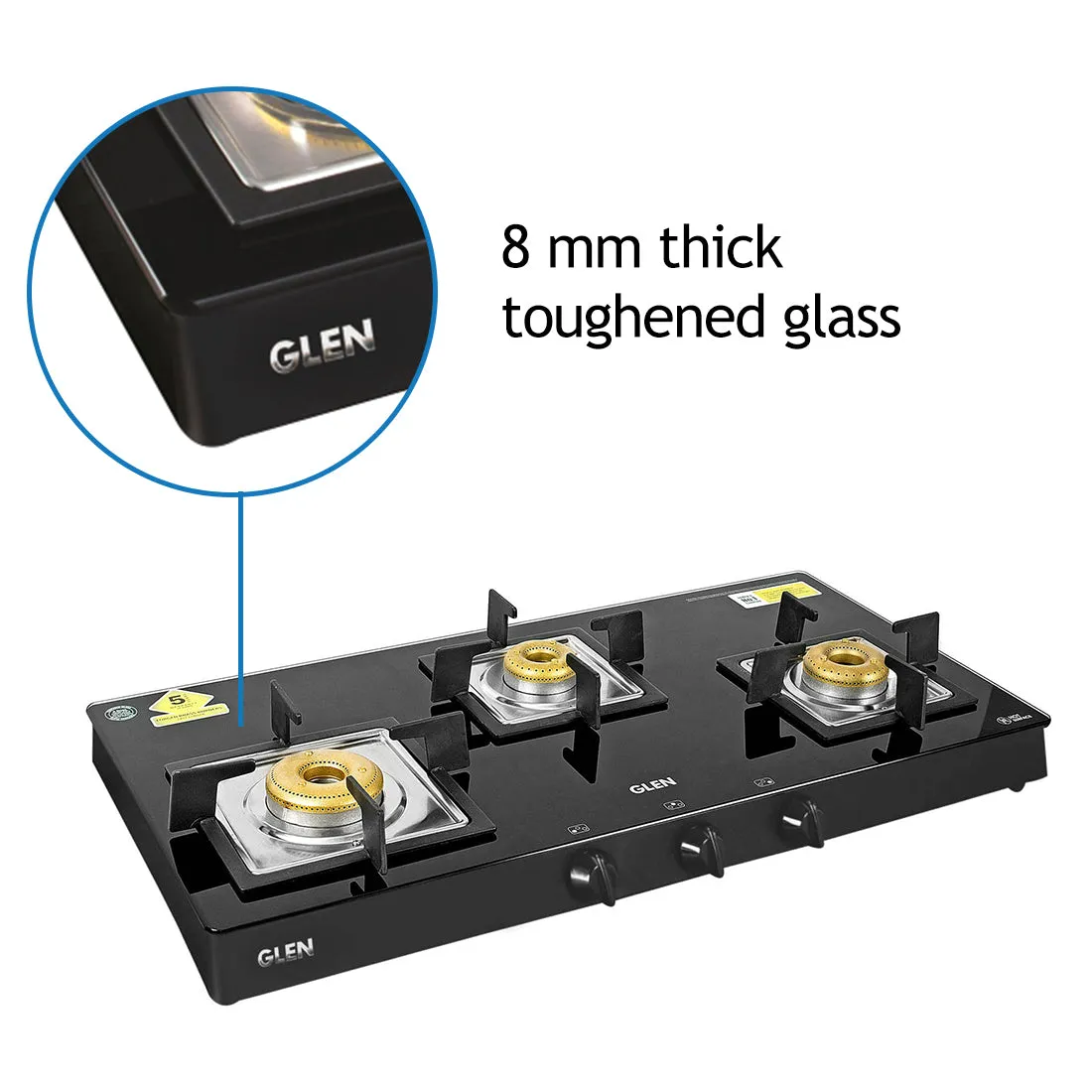3 Burner Black Glass Gas Stove with High Flame Forged Brass Burner (1038 SQ BL FB) - Manual/Auto Ignition
