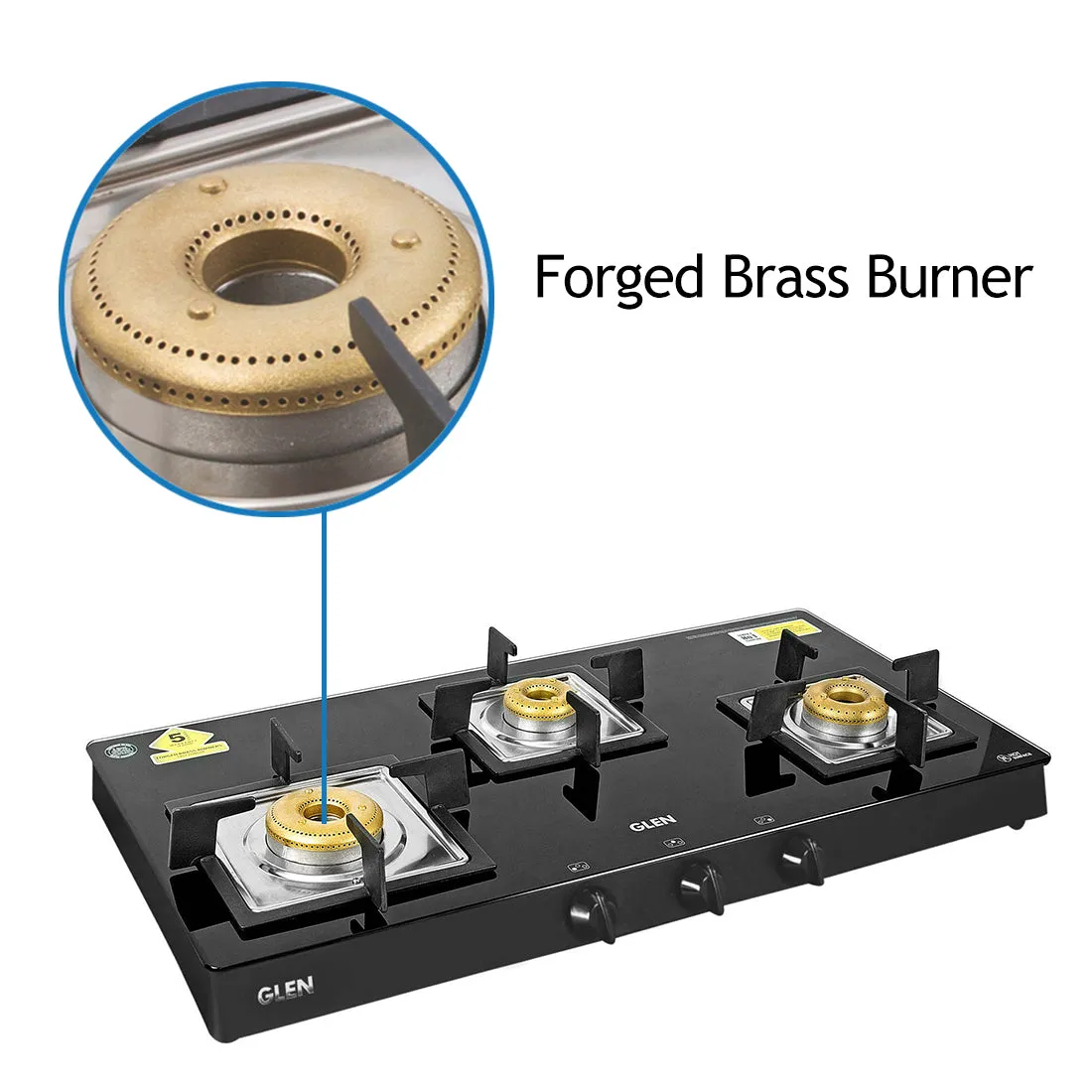 3 Burner Black Glass Gas Stove with High Flame Forged Brass Burner (1038 SQ BL FB) - Manual/Auto Ignition