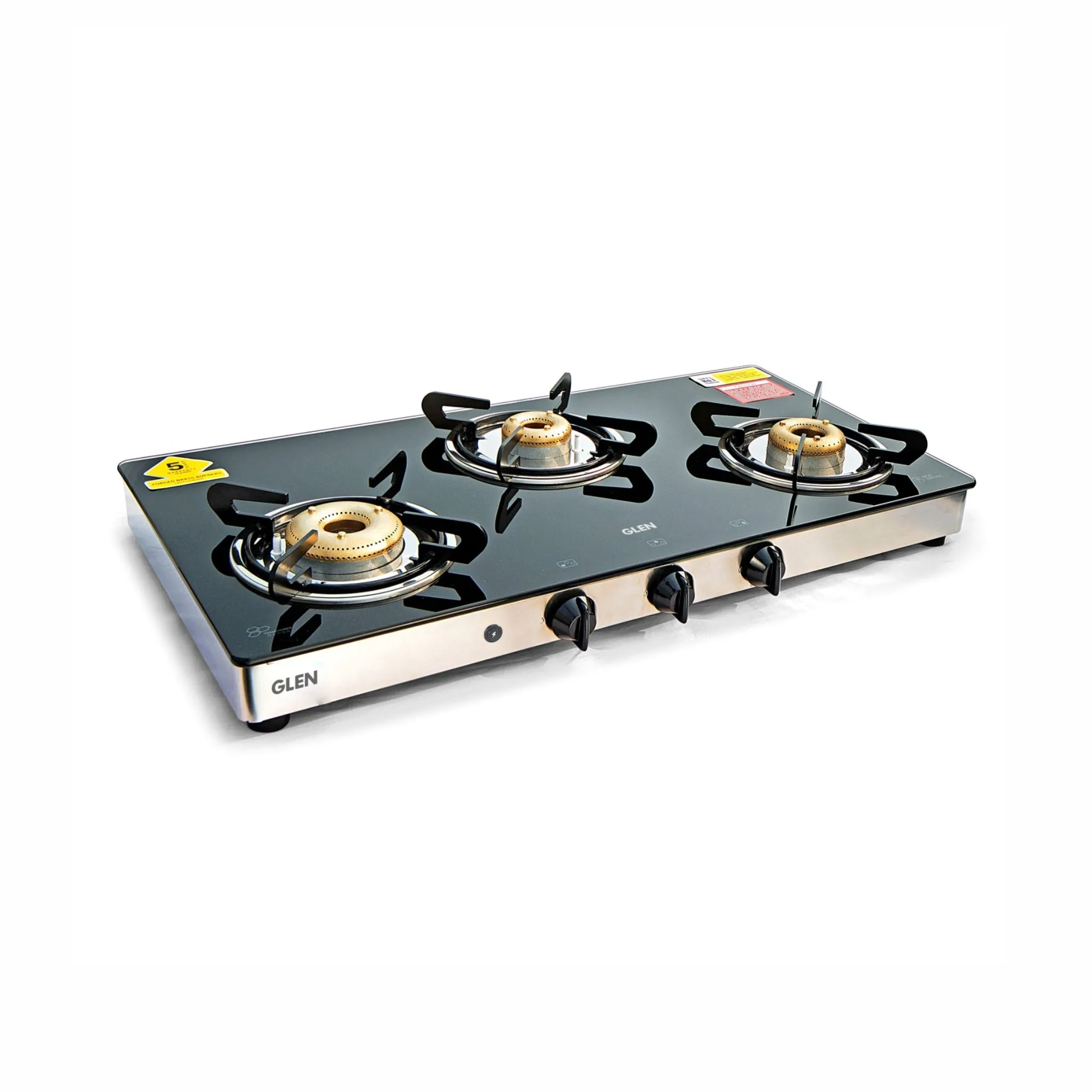 3 Burner Glass Gas Stove High Flame Forged Brass Burner XL Double Drip Tray (1033 GTXLFBDD) - Manual/Auto Ignition