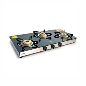 3 Burner Glass Gas Stove High Flame Forged Brass Burner XL Double Drip Tray (1033 GTXLFBDD) - Manual/Auto Ignition
