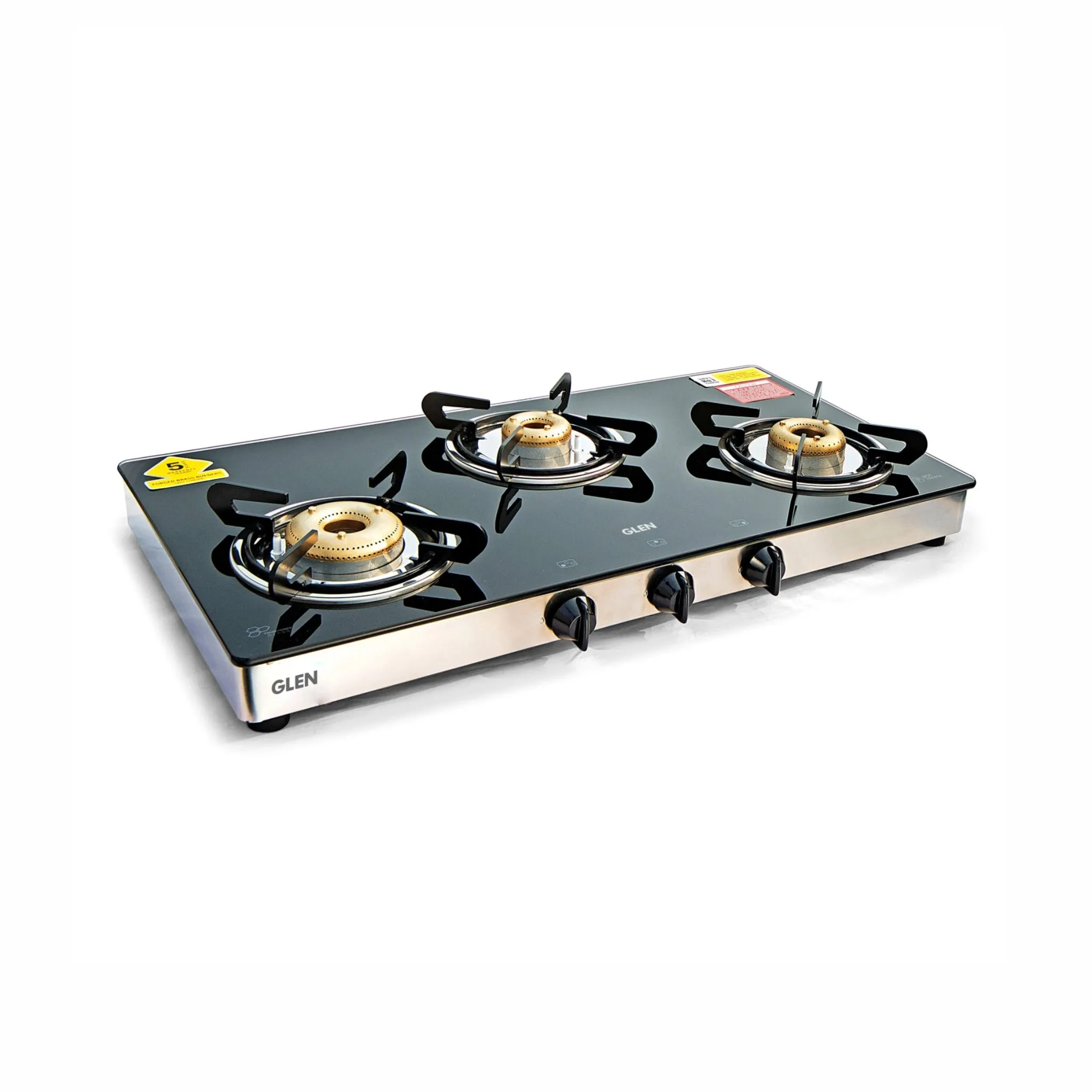 3 Burner Glass Gas Stove High Flame Forged Brass Burner XL Double Drip Tray (1033 GTXLFBDD) - Manual/Auto Ignition