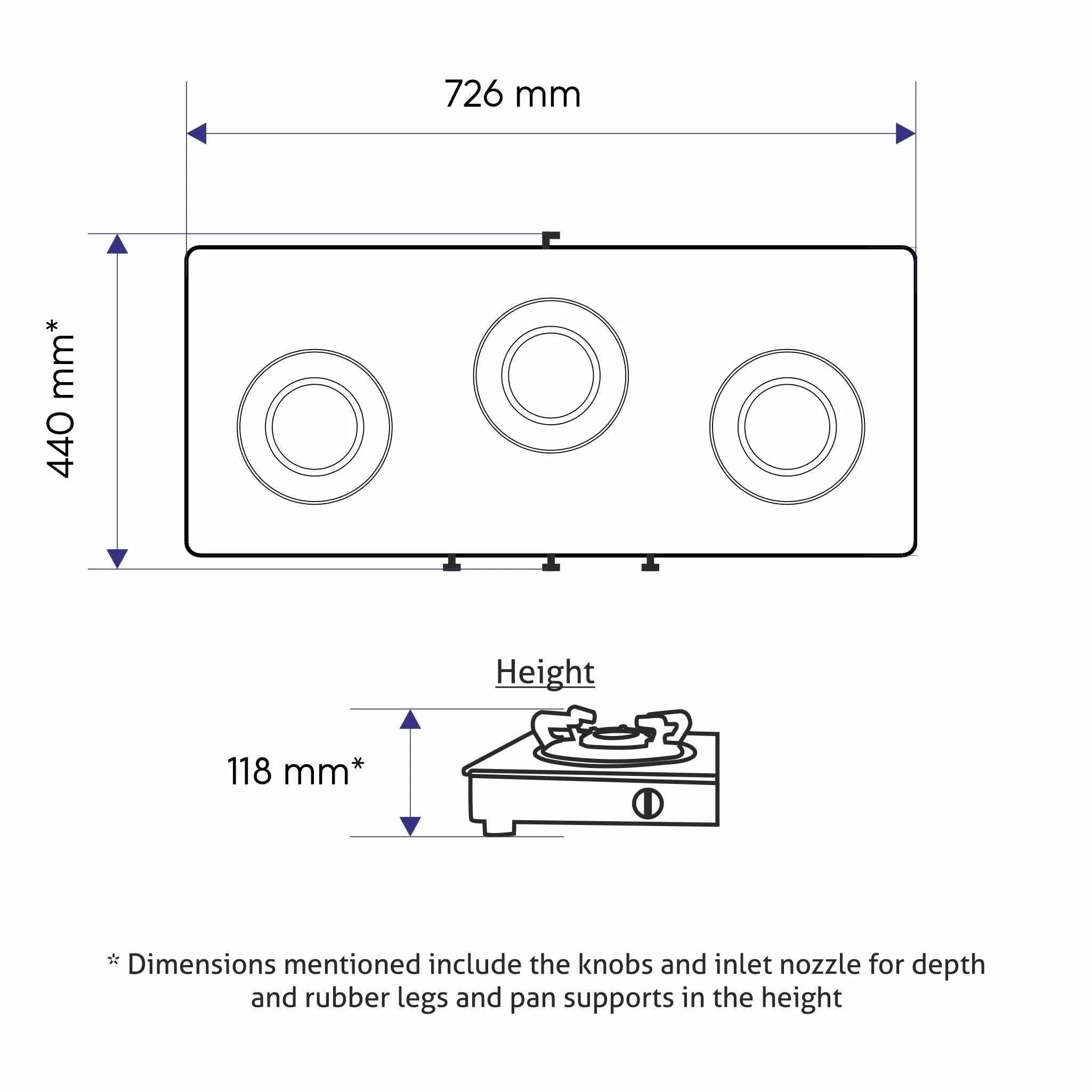 3 Burner Glass Gas Stove High Flame Forged Brass Burner XL Double Drip Tray (1033 GTXLFBDD) - Manual/Auto Ignition