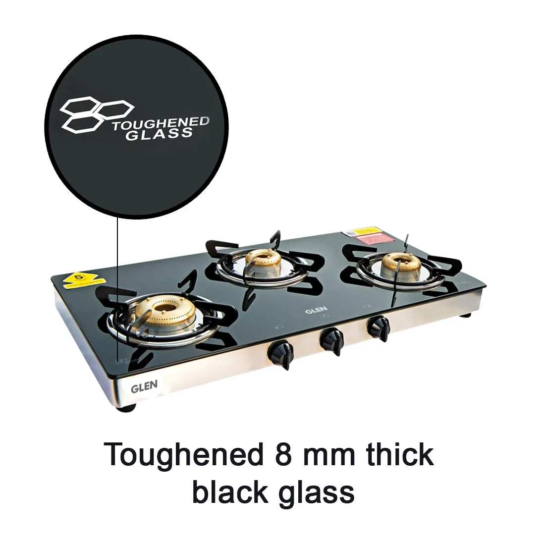 3 Burner Glass Gas Stove High Flame Forged Brass Burner XL Double Drip Tray (1033 GTXLFBDD) - Manual/Auto Ignition