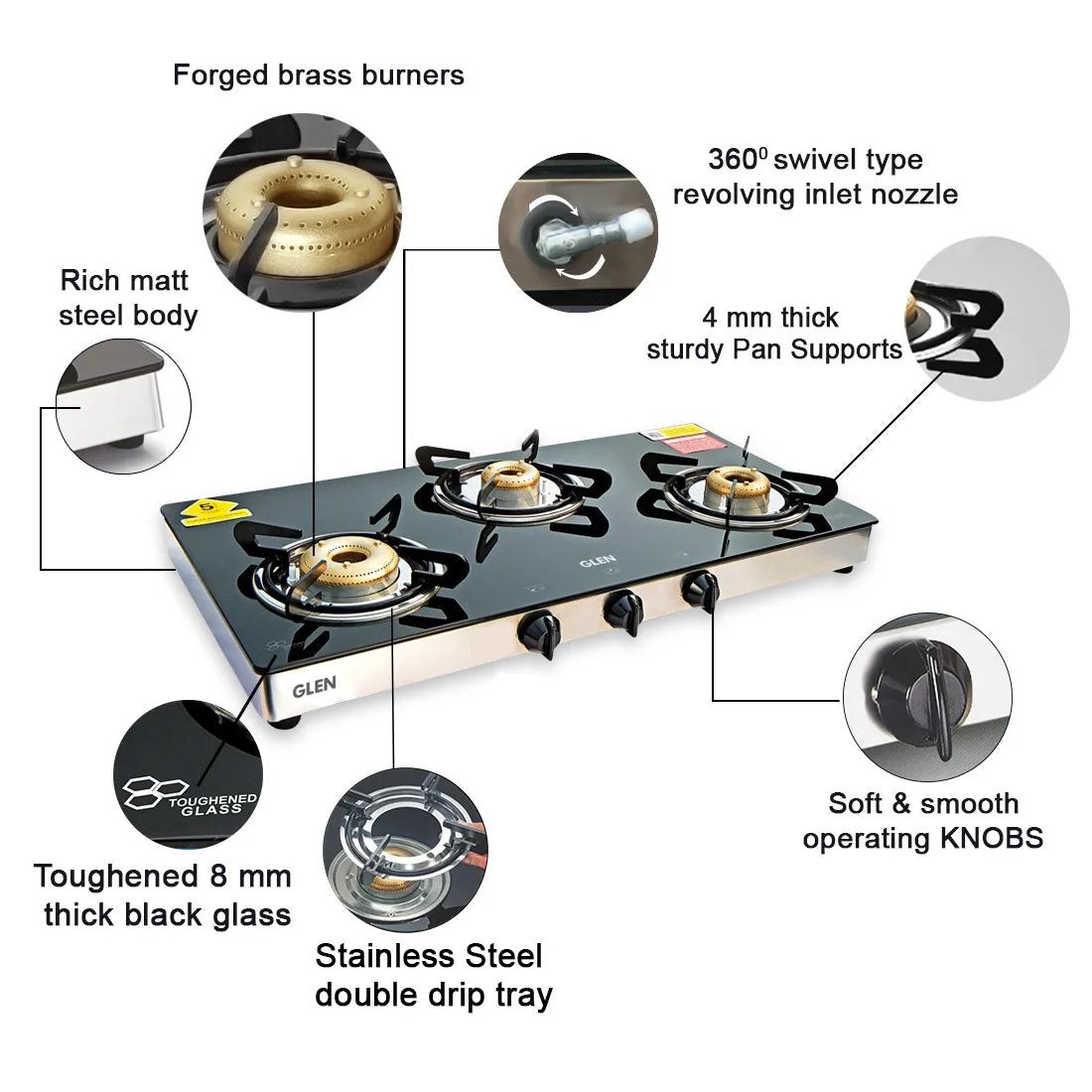 3 Burner Glass Gas Stove High Flame Forged Brass Burner XL Double Drip Tray (1033 GTXLFBDD) - Manual/Auto Ignition