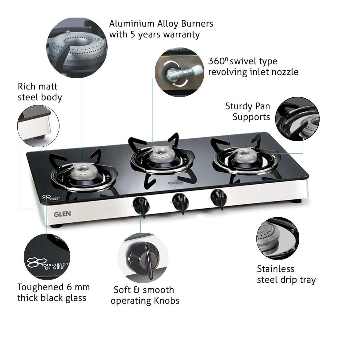 3 Burner  Glass Gas Stove with Aluminium Alloy Burner (1033 GT AL)