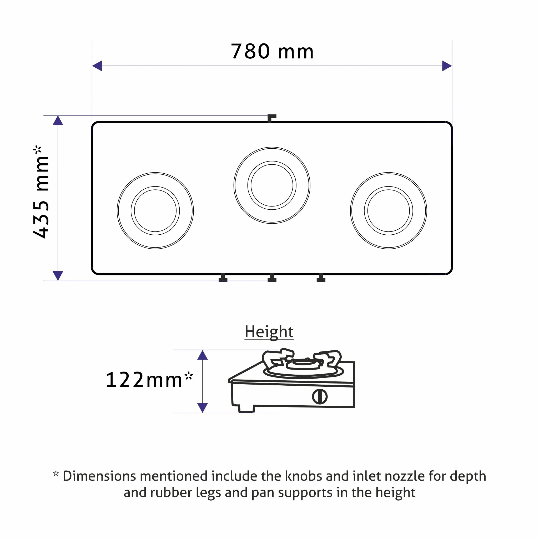 3 Burner PNG Glass Gas Stove with High Flame Brass Burner and Crown Pan Supports (CT 1038 GT BB BL HF CP PN)