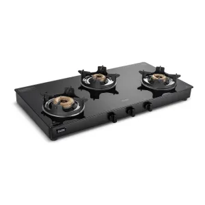 3 Burner PNG Glass Gas Stove with High Flame Brass Burner and Crown Pan Supports (CT 1038 GT BB BL HF CP PN)