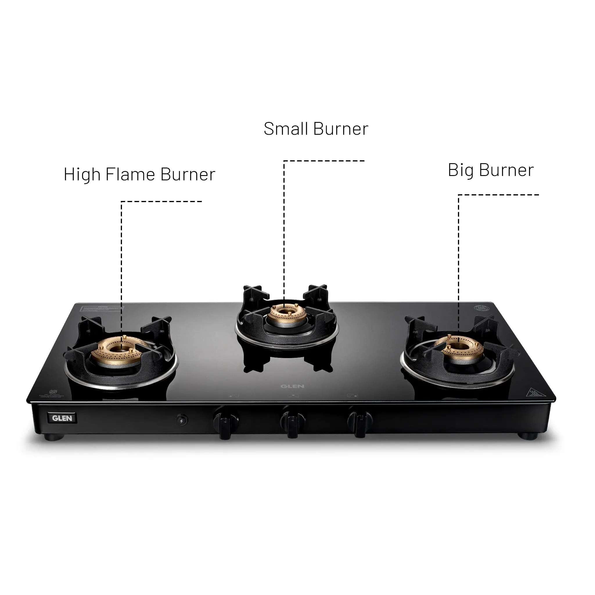 3 Burner PNG Glass Gas Stove with High Flame Brass Burner and Crown Pan Supports (CT 1038 GT BB BL HF CP PN)