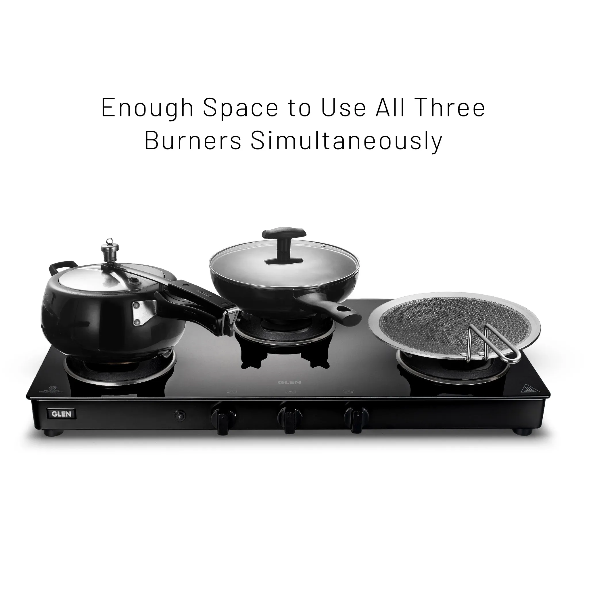 3 Burner PNG Glass Gas Stove with High Flame Brass Burner and Crown Pan Supports (CT 1038 GT BB BL HF CP PN)