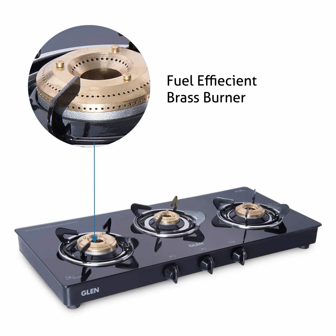3 Burner PNG Glass Gas Stove with High Flame Brass Burner Extra Large Black (1033 GTXL BB BL PN)